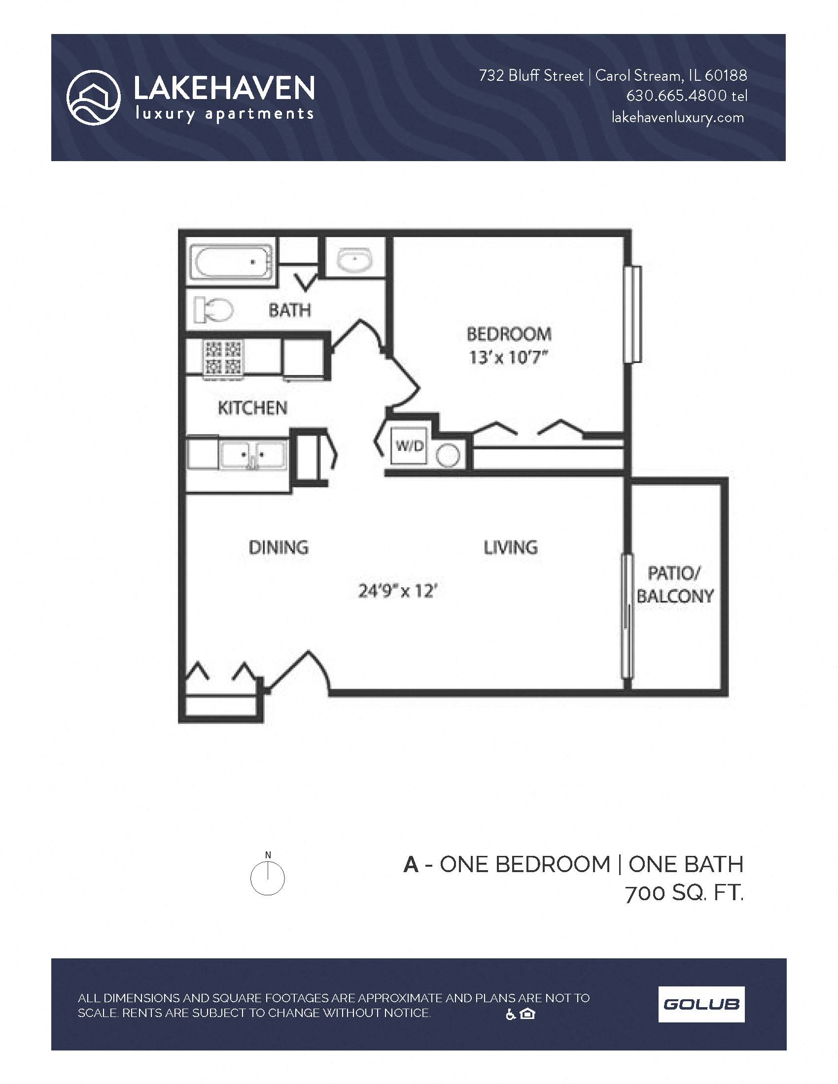 Floor plan for 1 bed, 1 bath, 700 sqft